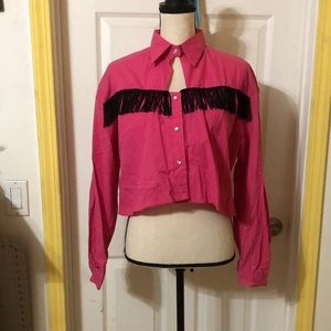 Rockmount ranch wear pink cropped western fringe top.